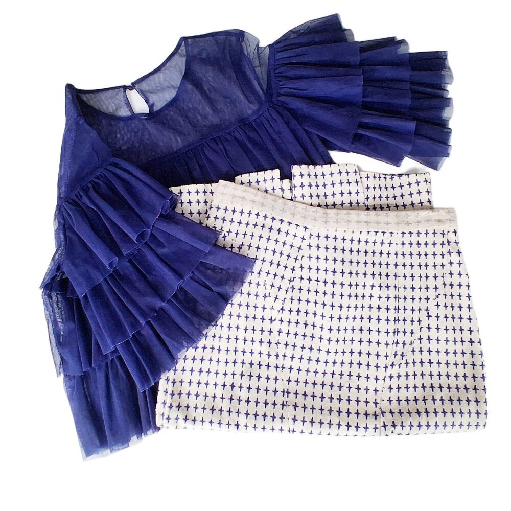 Jasmin Shokrian Silk Pencil Skirt Blue Embroidered Plus Sign 2 Piece Lot SZ 10 L - Picture 2 of 16